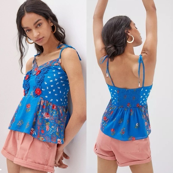 Anthropologie Tops - Anthropologie Nikasha Blue Red Floral Crochet Babydoll Tank Top Size Medium